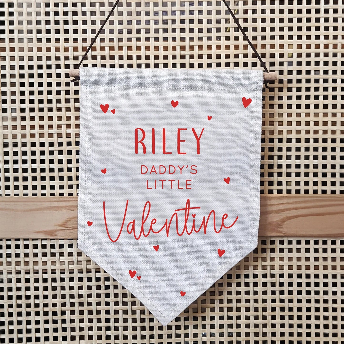 Personalised Mummy's or Daddy's Little Valentine Linen Flag, Love Hearts