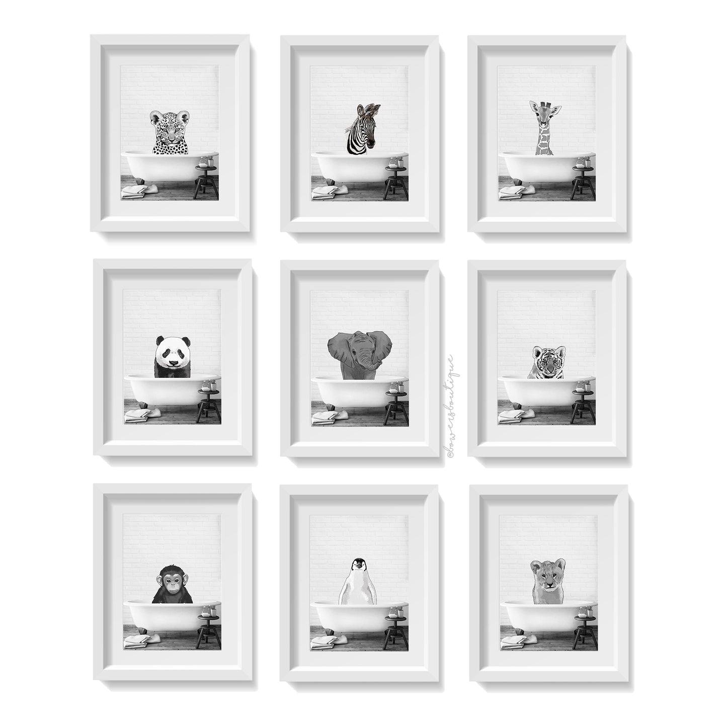 Bathtub Baby Animal Illustration Prints