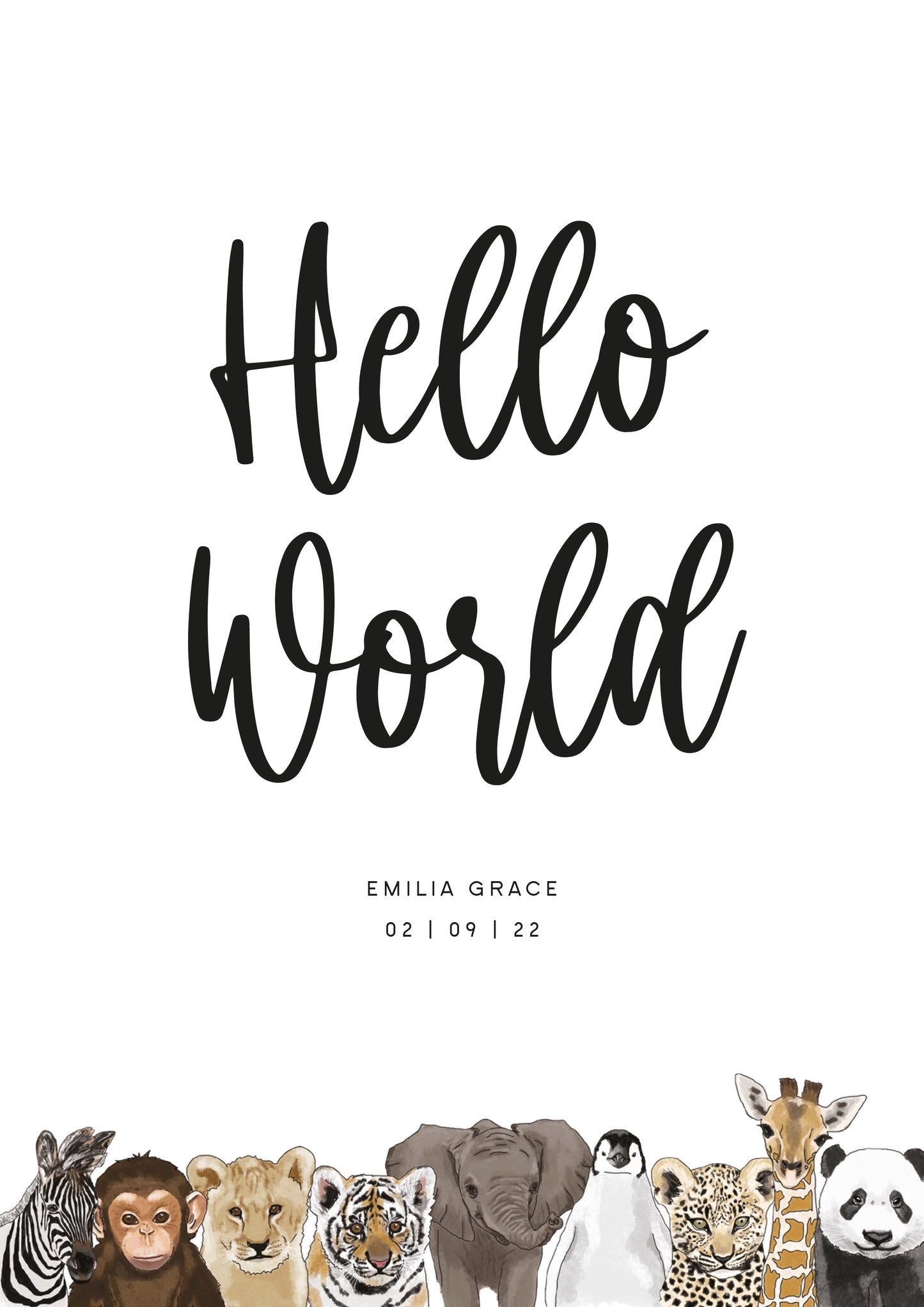 Hello World Personalised Baby Animal Print
