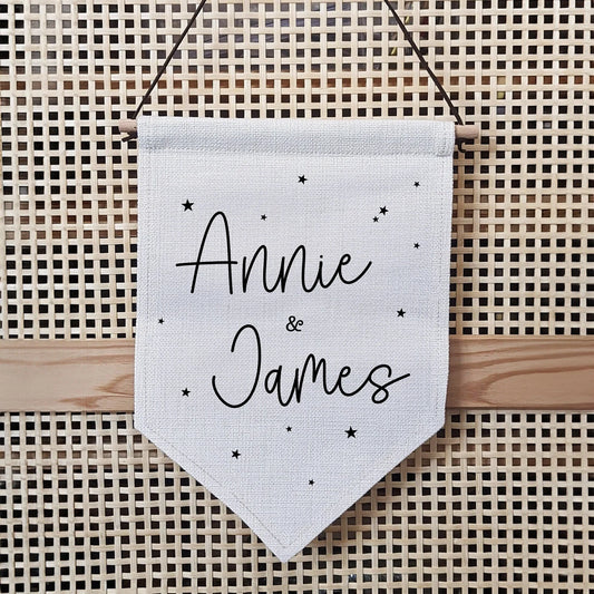 Personalised Linen Flag with Two Names, Valentines Custom Gift, Black Stars