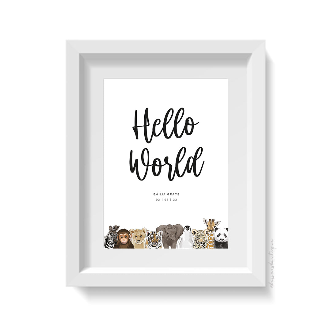 Hello World Personalised Baby Animal Print